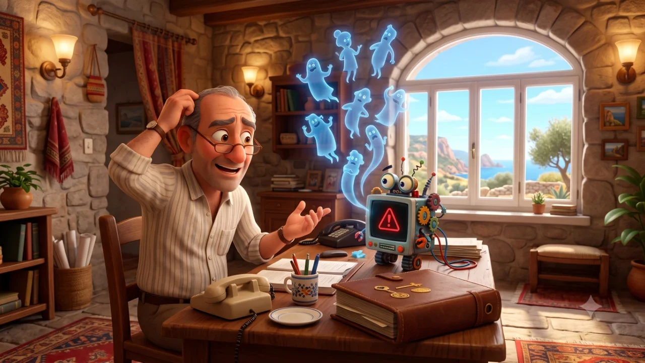 Un gestore di hotel in stile Pixar guarda perplesso un computer robot che mostra un errore e fa fluttuare fantasmini azzurri sulla scrivania accanto a un registro contabile preciso