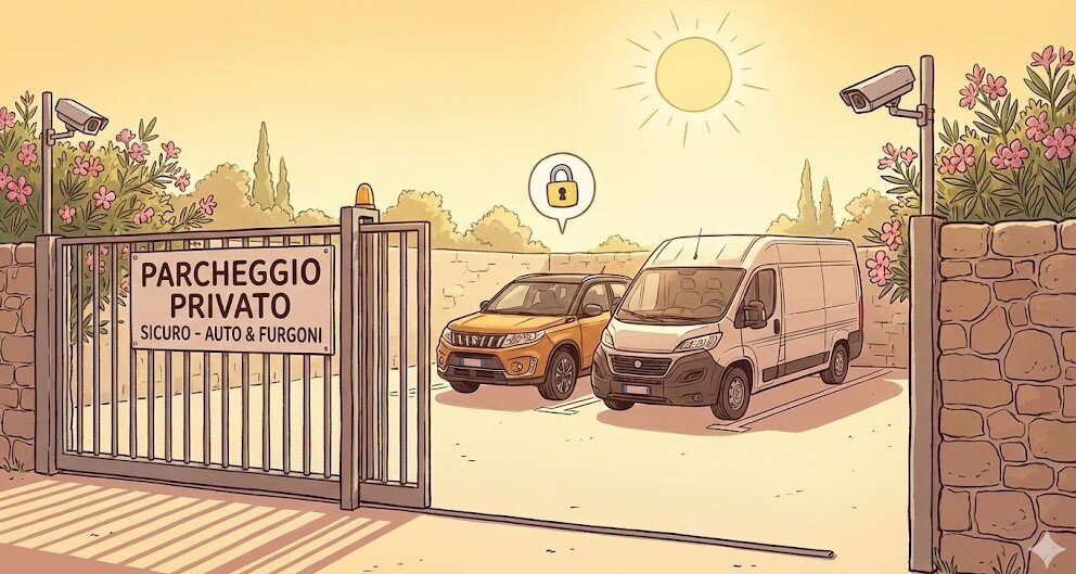 Tour della Sardegna in Moto o Bici? Ecco dove lasciare Auto e Carrello in totale sicurezza "Immagine generata dall'AI che illustra il comodo parcheggio all'aperto di Villa Malvasio a Sassari, perfetto come campo base sicuro per auto e furgoni."