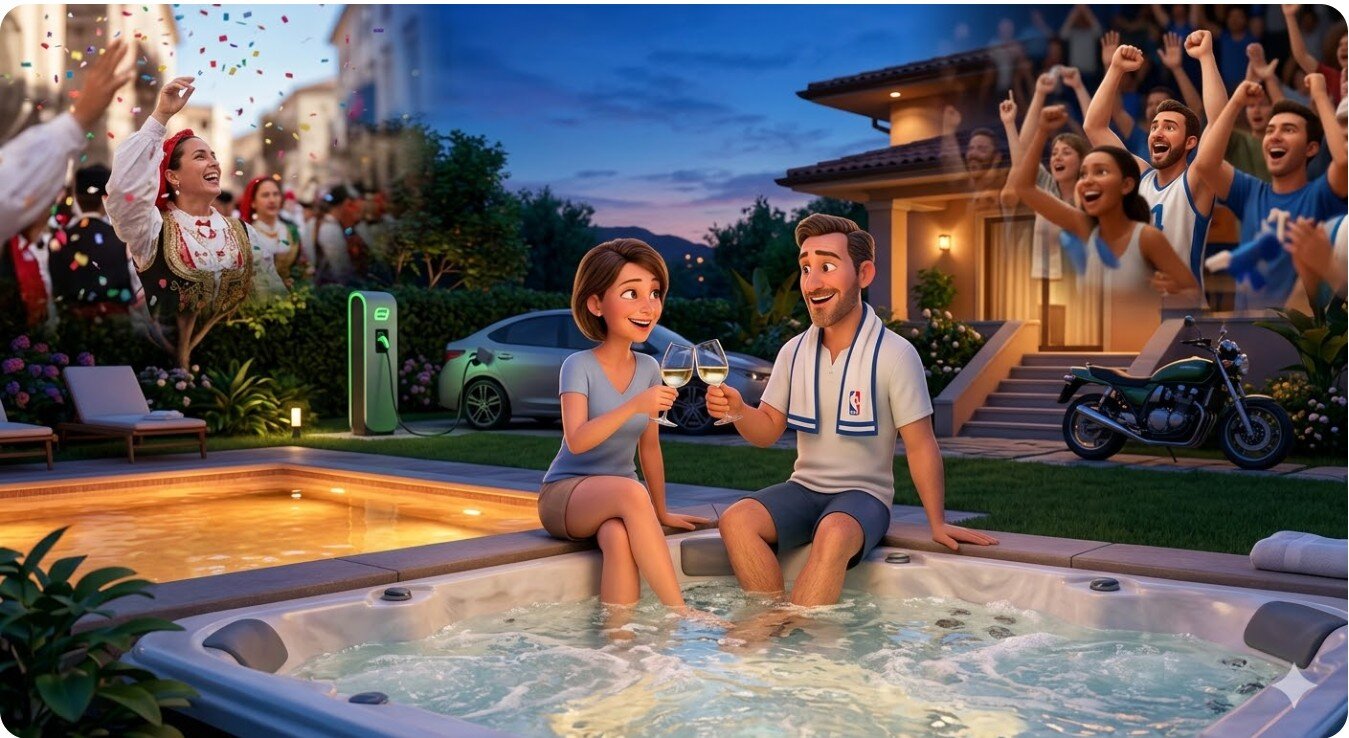 Vignetta 3D divisa a metà: sullo sfondo l'energia degli eventi sardi e dei tifosi di basket; in primo piano una coppia rilassata che brinda a bordo di una vasca idromassaggio a Villa Malvasio, con auto elettrica in ricarica e moto parcheggiata vicino