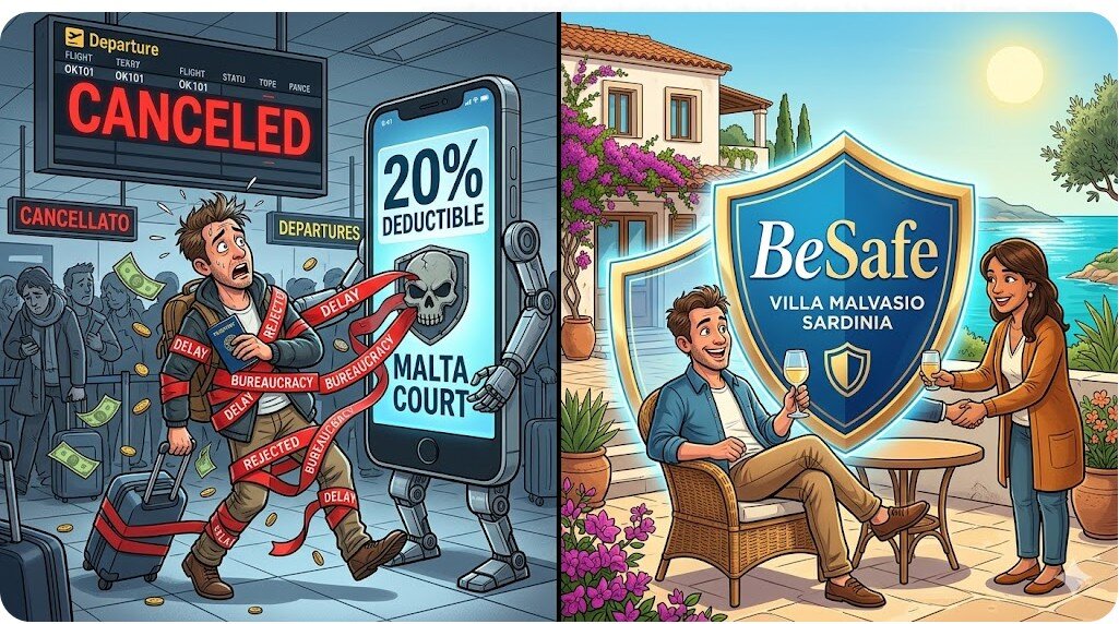 Illustration divisée en deux : à gauche, un touriste stressé à l'aéroport à cause d'un vol annulé et de la bureaucratie des assurances ; à droite, le même touriste heureux et détendu à la Villa Malvasio en Sardaigne, protégé par le bouclier de l