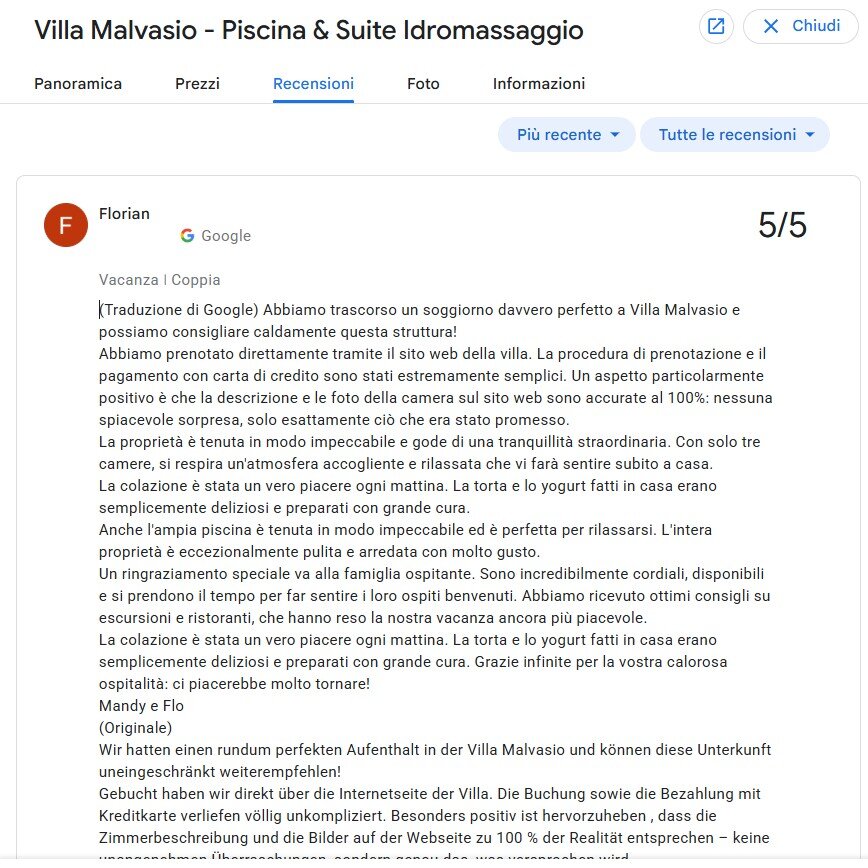 Screenshot della recensione a cinque stelle di Florian su Google che conferma la sicurezza, la trasparenza e il risparmio della prenotazione diretta sul sito di Villa Malvasi