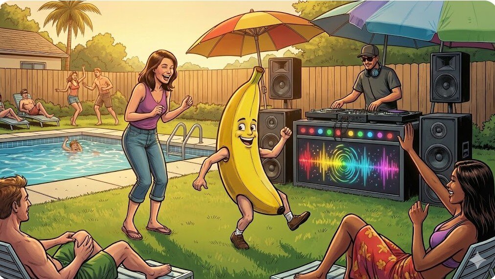 Illustrazione di un Pool Party esclusivo a Villa Malvasio Sassari: ospiti che ballano a bordo piscina con DJ set, impianto audio professionale e mascotte Nano Banana.