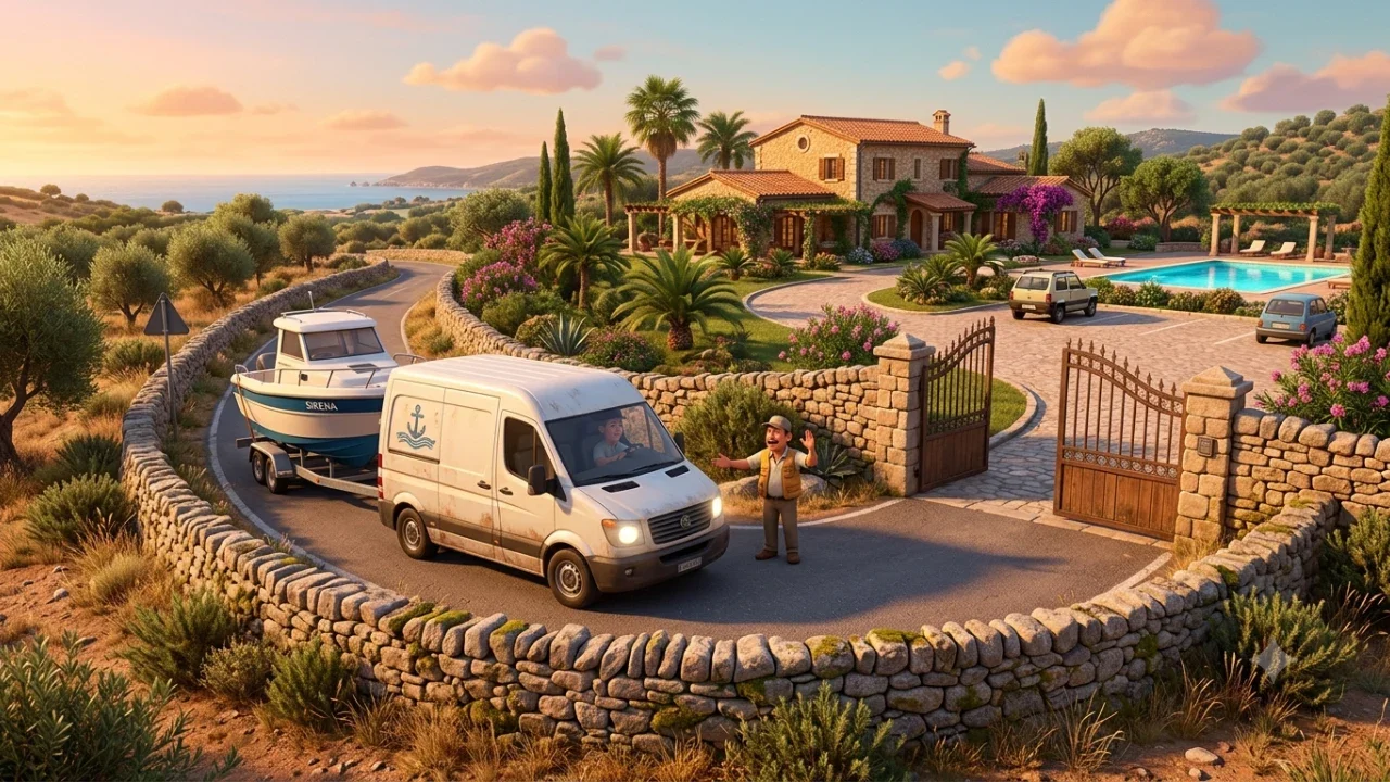hotel-bed-and-breakfast-sardegna-sosta-lunga-furgoni-carrelli.webp Automobile con carrello rimorchio per barche che entra nel parcheggio privato recintato e protetto di Villa Malvasio a Sassari