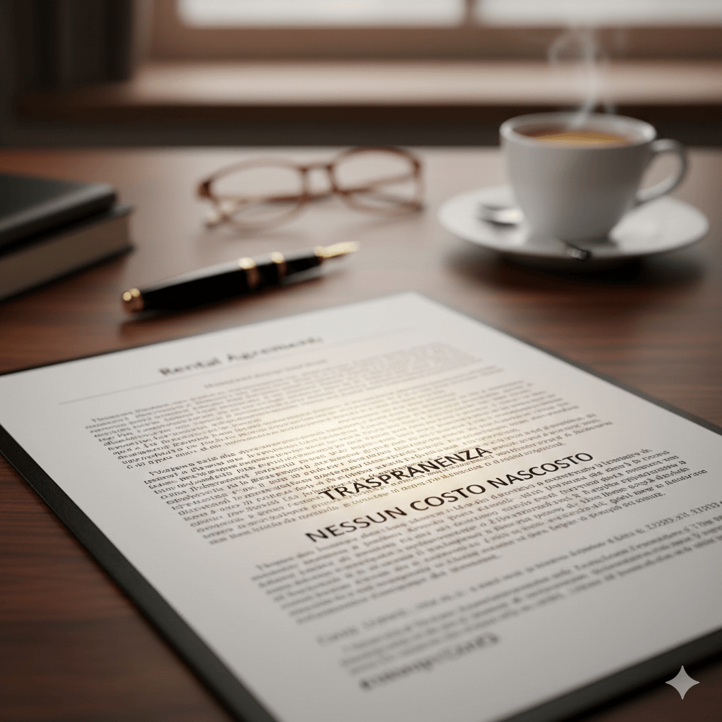 Costi Nascosti Affitti Brevi: Come evitare brutte sorprese in Sardegna Contratto di affitto con evidenziate le scritte Trasparenza e Nessun Costo Nascosto