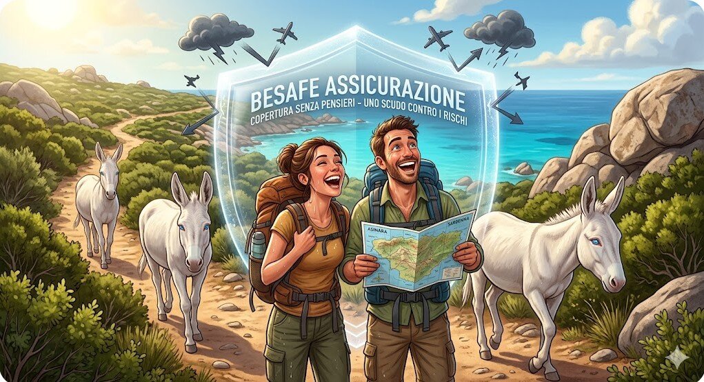 vacanze-sicure-sardegna-assicurazione-besafe.jpeg Illustrazione di due turisti felici in escursione all'Asinara con gli asinelli bianchi, protetti da uno scudo dell'assicurazione BeSafe contro imprevisti e voli cancellati in Sardegna.