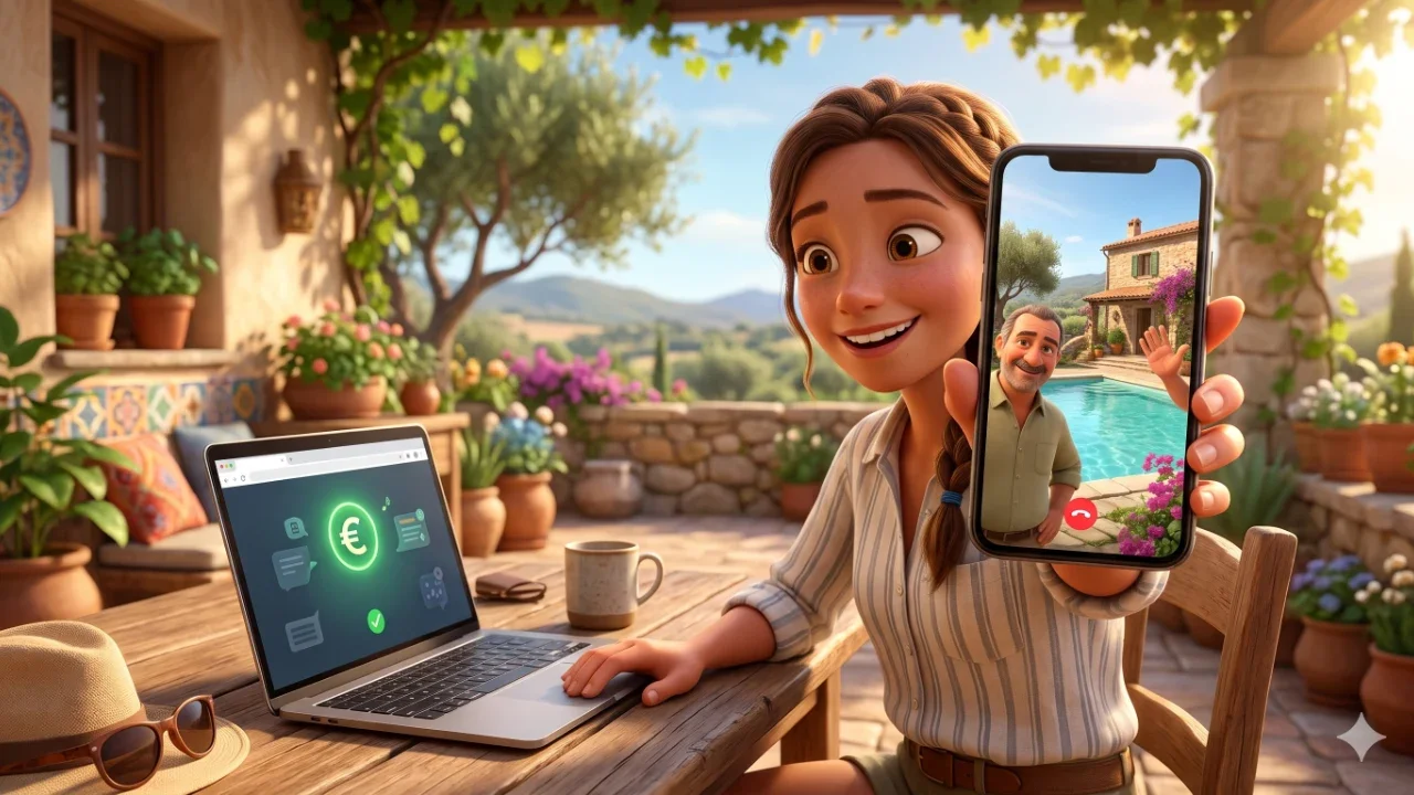 Illustrazione in stile Pixar 3D di una viaggiatrice felice che fa una videochiamata con il gestore di Villa Malvasio in Sardegna per verificare la struttura e risparmiare evitando le commissioni