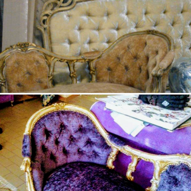 ANTICHITA' RIVESTIMENTI E RESTAURO DIVANETTO E LETTO ANTICHI RIFODERATI CON UN TOCCO DI COLORE,RISULTATO SPETTACOLARE