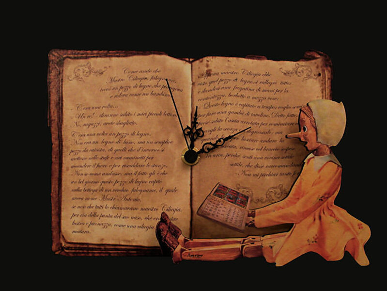 Siluette dell?orologio con pinocchio seduto e testo totale