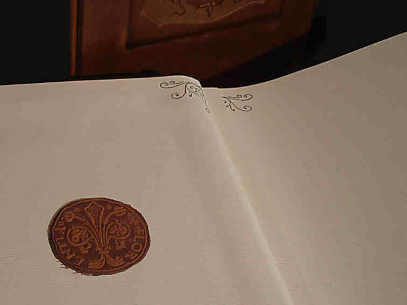 Primo piano delle decorazioni giglio di pelle e decori angoli pagine