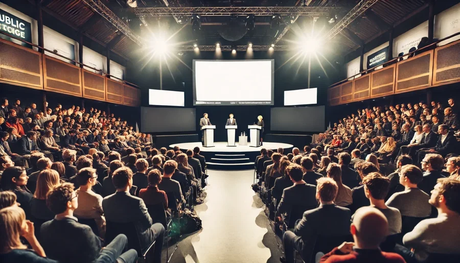 dall·e 2025-02-25 23.28.50 - a public debate taking place on a stage in front of an audience. two speakers stand behind podiums, engaging in a discussion with passionate expressio