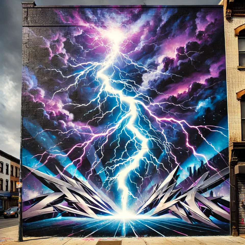 dall·e 2025-02-25 22.12.28 - a vibrant mural featuring a striking lightning bolt illuminating the night sky. the mural is painted on a city wall, with bold electric blues, purples