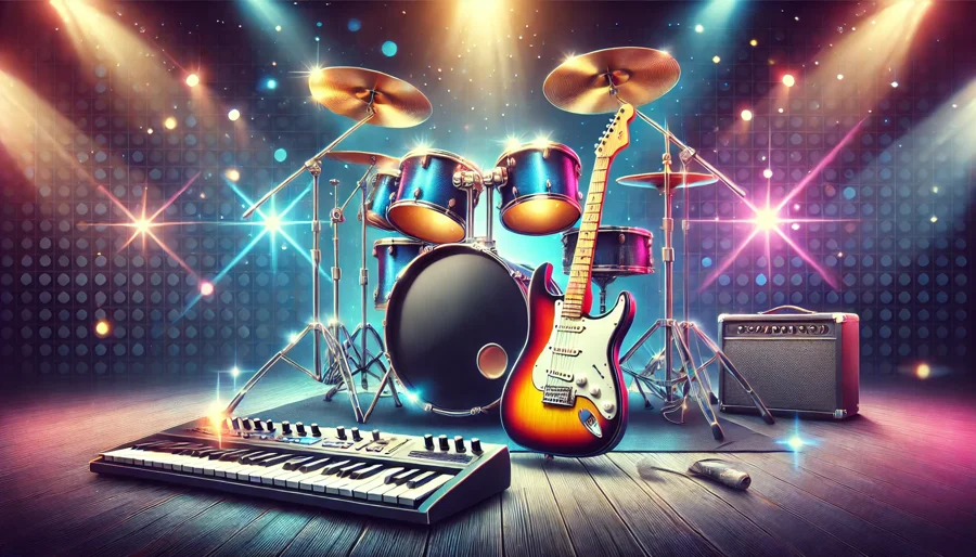 dall·e 2025-02-25 22.19.51 - a dynamic illustration of a drum set, an electric guitar, and a keyboard placed together on a stage. the drum set is vibrant with cymbals shining unde