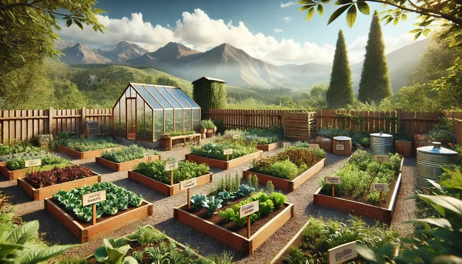 dall·e 2025-02-25 23.50.47 - a realistic educational garden with raised vegetable beds, lush green plants, and small wooden signs labeling different crops. the garden is surrounde