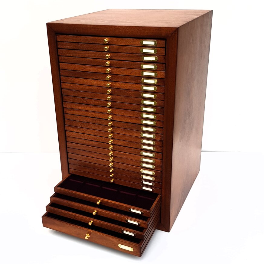 Monetiere in legno di mogano con cassetti foderati in velluto Monetiere in legno di mogano con cassetti foderati in velluto