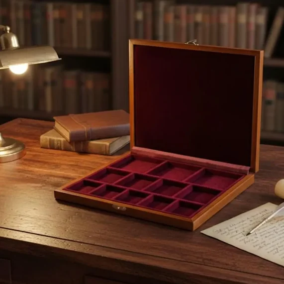 Teca espositiva per monete in legno e velluto rosso