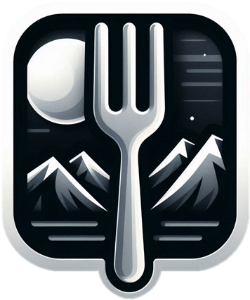 semplice icona con le montagne sullo sfondo e davanti una grossa forchetta da cucina