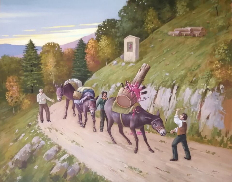 Il tronco precipita ma non colpisce i valligiani che stanno tornando a Capovalle con i loro muli.