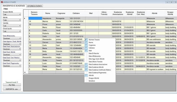 Gestione palestra con verifica scadenze dei clienti