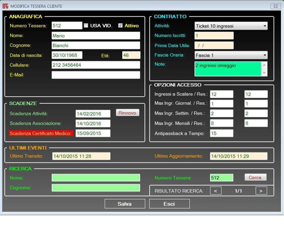 Scheda gestione Clienti palestra