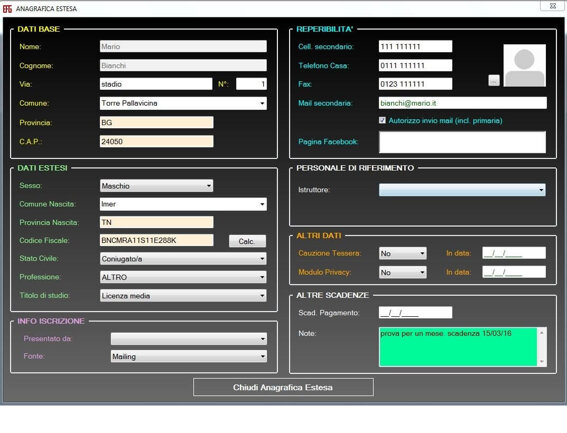 gestione anagrafica dettagliata del centro sportivo