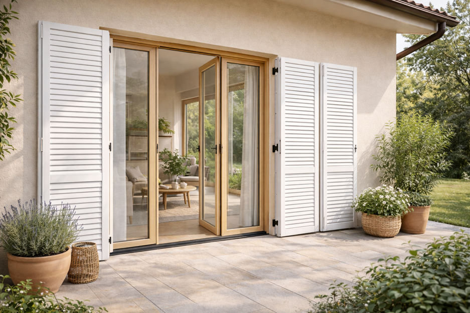 casa moderna con porte francesi e giardino