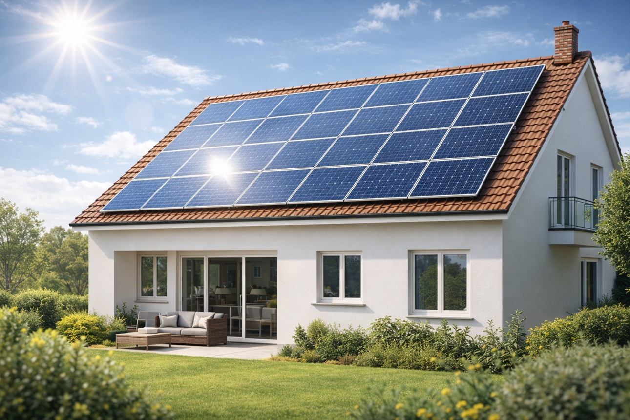 Casa i lusso con impianto fotovoltaico sul tetto Casa i lusso con impianto fotovoltaico sul tetto