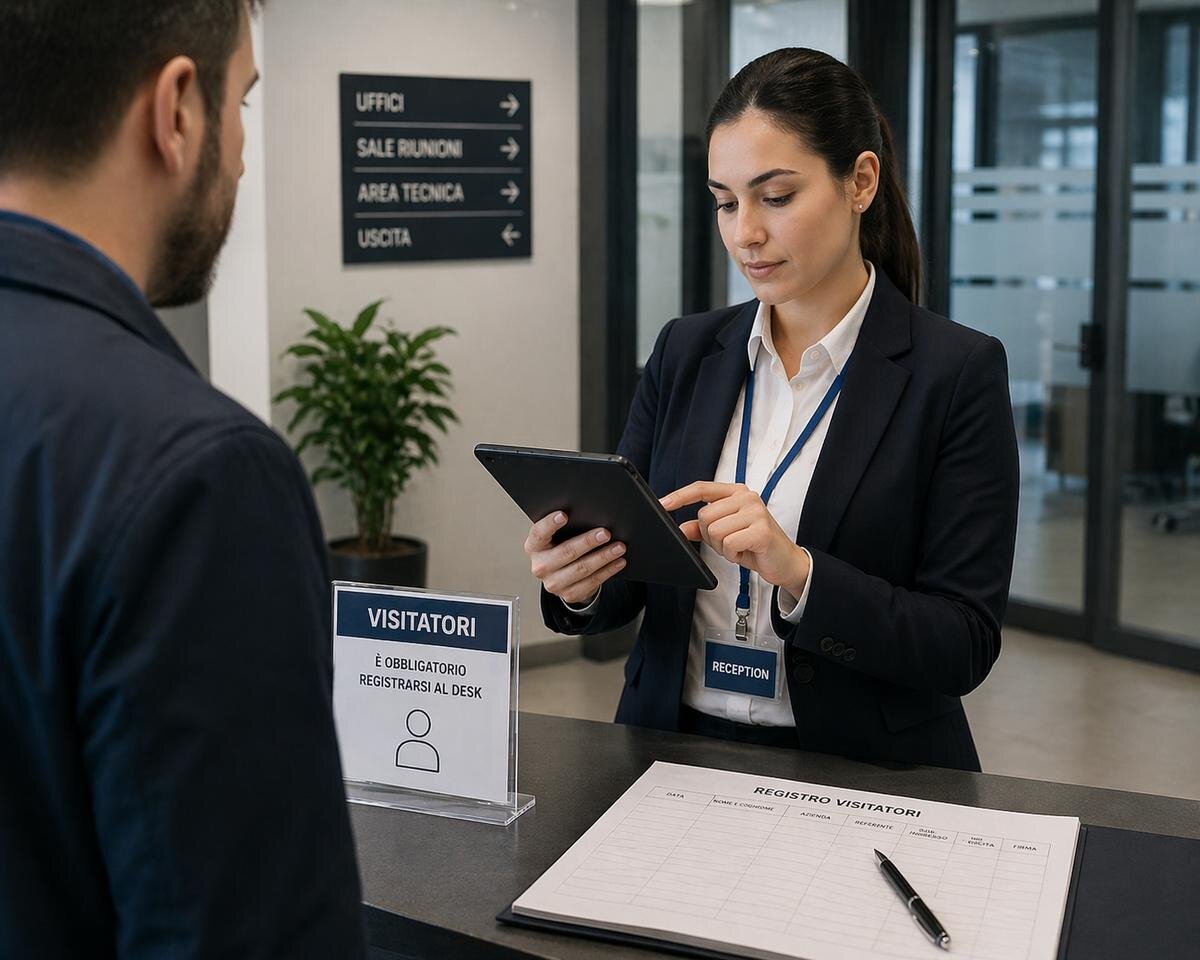 Reception aziendale: script, registro visitatori e filtro senza frizioni