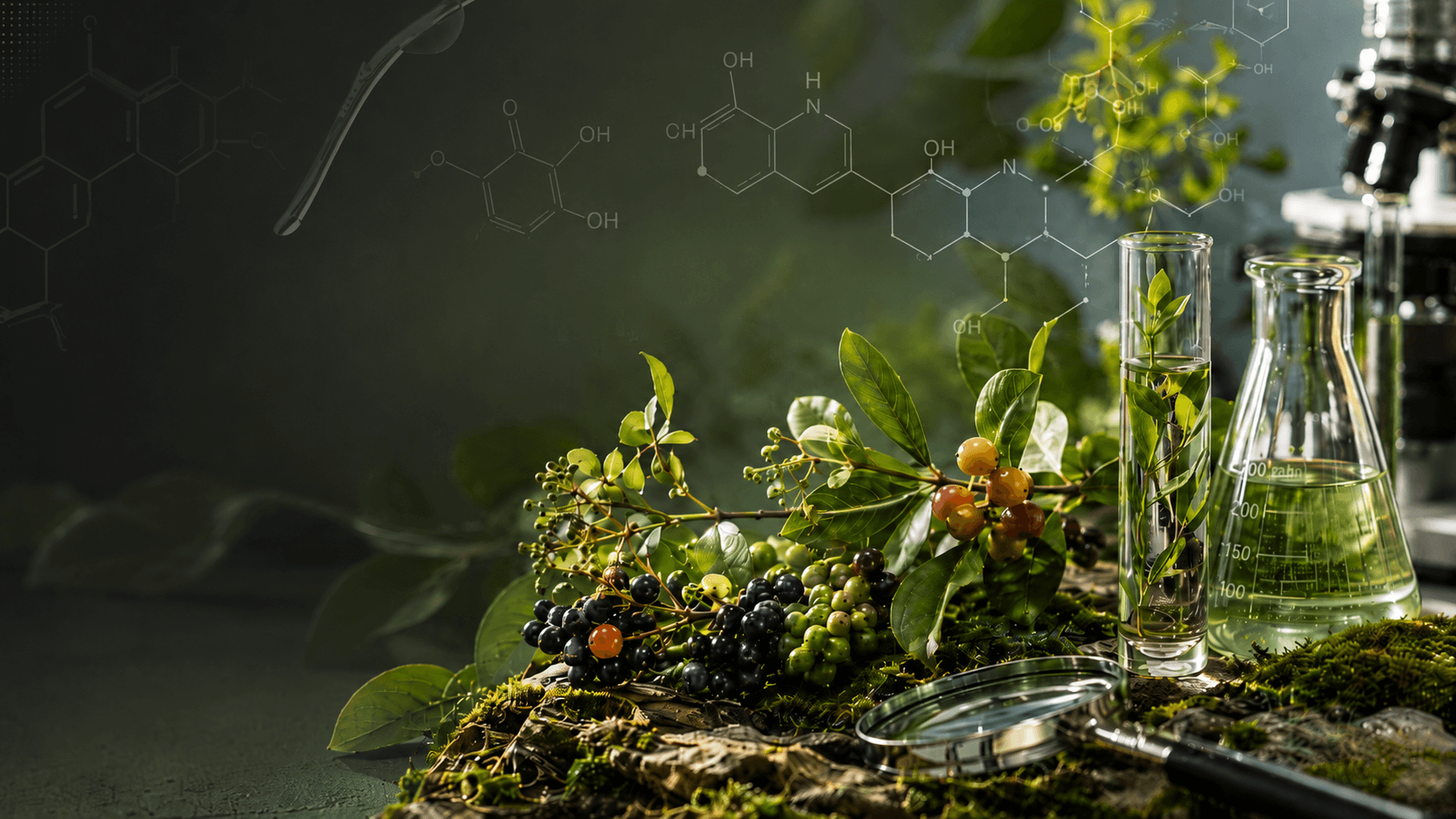 Immagine raffigurante materiale vegetale come foglie, frutti e steli, beute e cilindri da laboratorio contenenti solventi e principi attivi sullo sfondo