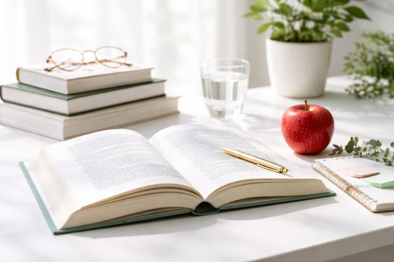 Scrivania con libri e mela, simbolo della formazione della Dott.ssa Erica Roccatello, nutrizionista a Bolzano. Specializzata in alimentazione antinfiammatoria per il benessere intestinale e la salute femminile.