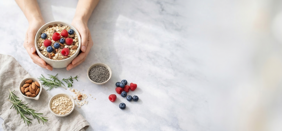 Immagine di copertina della Dott.ssa Erica Roccatello, biologa nutrizionista a Bolzano. Mostra una ciotola di colazione antinfiammatoria con avena, mirtilli e lamponi su un piano di marmo, simbolo del percorso di dieta personalizzata e benessere intestinale.
