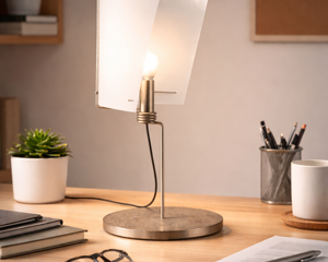 Ambientazione di una lampada da tavolo di design contemporaneo con diffusore in policarbonato, struttura in metallo satinato e base circolare in metallo grezzo