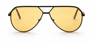 Ideazione e sviluppo occhiali da sole aviator in metallo con lente gialla e montatura nera design contemporaneo