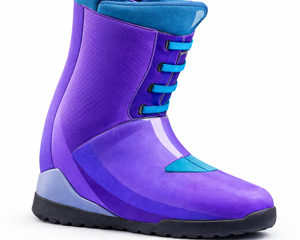 Progettazione e rendering scarponcino snowboard viola con dettagli turchesi e suola nera antiscivolo