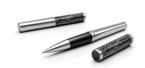 Sviluppo 3D di concept penna di design contemporaneo in metallo con incisioni astratte