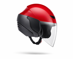 Progettazione, modellazione 3D e rendering casco jet da moto rosso e nero 