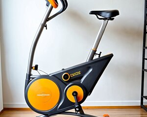 Progettazione e rendering di cyclette da casa gialla e nera con display digitale 