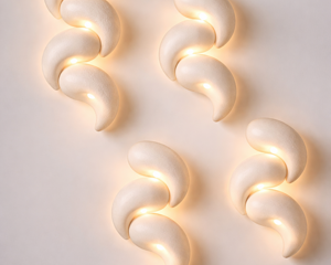 Modellazione 3d e varianti stampi vetroresina per applique da parete di design contemporaneo con forme organiche modulari e luce calda, progetto di lighting design scultoreo