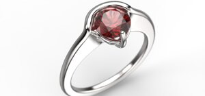 Progettazione e modellazione anello design elegante con gemma rossa centrale e fascia sottile lucida