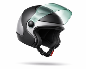 Modellazione 3D e rendering casco jet da moto grigio e nero 