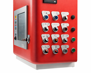 Progettazione, sviluppo, modellazione 3D pannello di controllo industriale rosso con display digitale