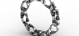 Progettazione e modellazione anello di design contemporaneo in metallo lucido con struttura a maglia e forme organiche