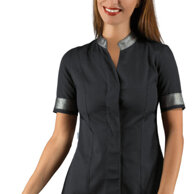 casacca Hibiscus nero argento in tessuto antimacchia che respira e fa scivolare i capelli. 100% poliestere leggero 130 gr. bottoni