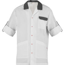 Casacca uomo Ricky bianca abbottonatura a vista con automatici rossi, 3 tasche e spacchetti nel fianchi, maniche arrotolabili