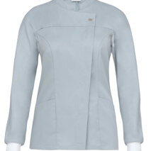 Casacca Giada grigio chiaro collo coreana, 1 automatico in vista, polsino maglia, inserti in rete, due tasche e 1 taschino