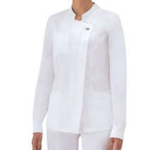 Casacca Giada bianca collo coreana, 1 automatico in vista, polsino maglia, inserti in rete, due tasche e 1 taschino