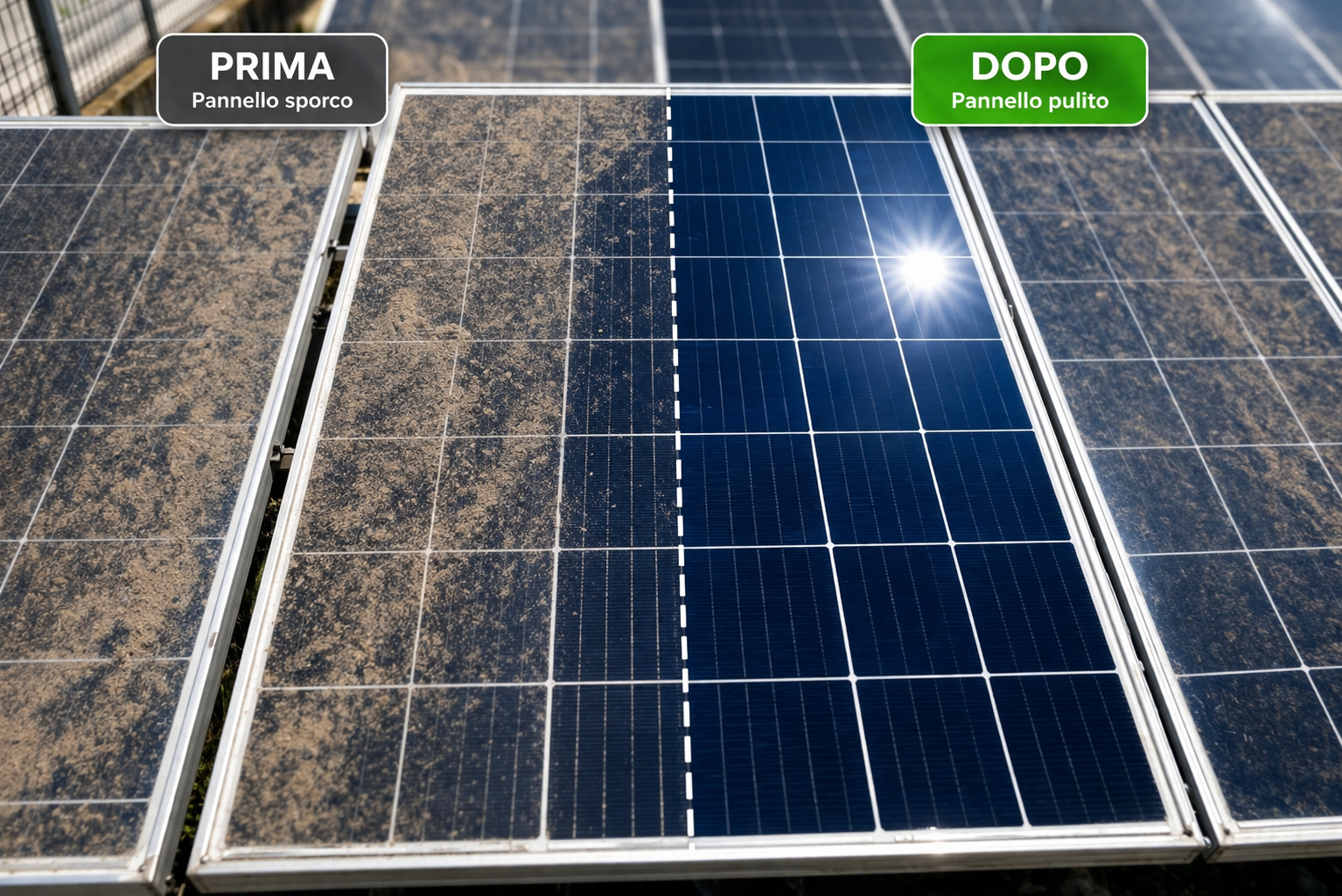 chatgpt-image-1-apr-2026-13_12_45.png Confronto prima e dopo pulizia pannelli fotovoltaici puliti e sporchi