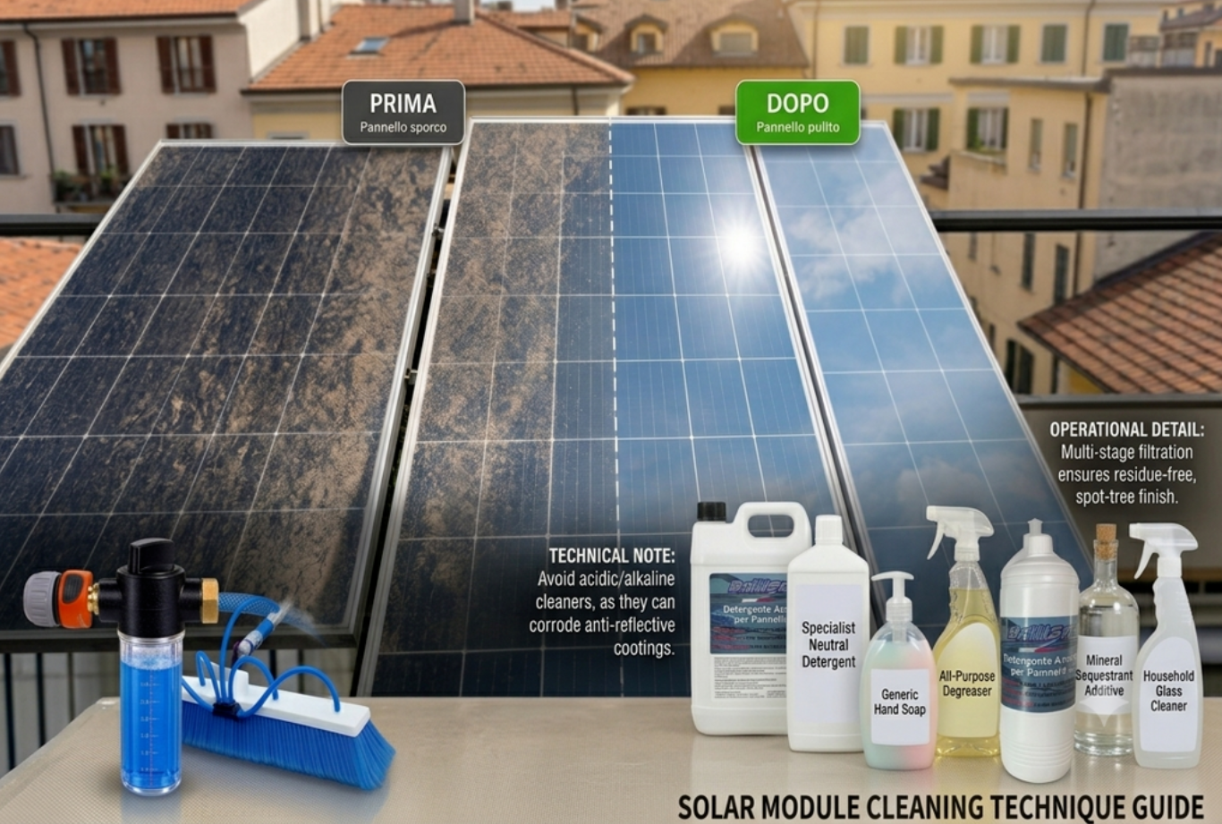 Quale detergente usare per pulire i pannelli fotovoltaici? (E perché la sola acqua non basta) Confronto prima e dopo pulizia pannelli fotovoltaici con detergente concentrato e dispenser BrillSolar