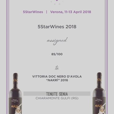 5StarWines 2018 **** 4 Stelle al nostro Nakrì Vittoria Nero d'Avola Doc 2016Vinitaly 2018