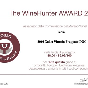 The WineHunter AWARD 2017 Il nostro Nakrì Vittoria Frappato Doc annata 2016 premiato dai giudici del Merano Wine Festival