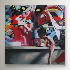 Ragazzo nella vasca Dipinto olio su tela 100x100 cm. painting oil on canvas 100x100 cm.